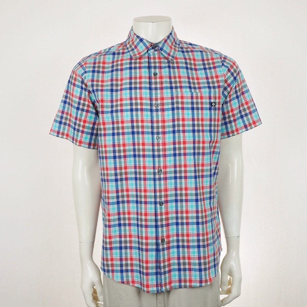 Marmot Button Down Shirt Mens Medium Blue Plaid Cotton Blend Trail Hiking Tech